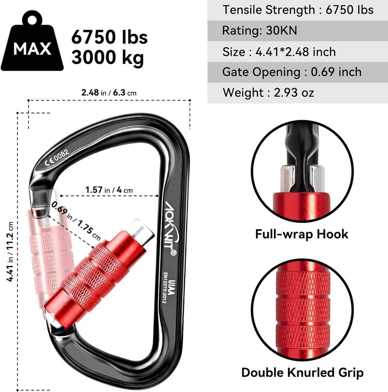 AOKWIT 30KN Auto Locking Carabiner Clip Twist Lock UIAA Certified Large Climbing Carabiner Heavy Duty Carabiner for Rock Tree Climbing Rappelling Mountaineering Caving Rescue Arborist Aerial Yoga - Image 4